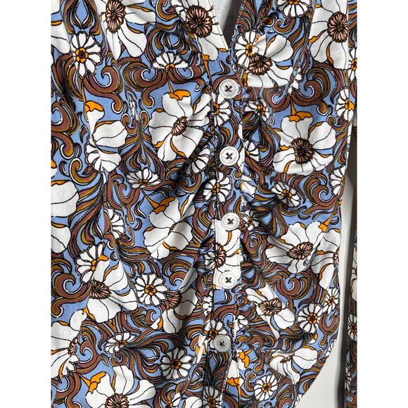 Maeve by Anthropologie Floral Ruched Button-Up Shirt Blue/Brown/White Women's M - Picture 6 of 11